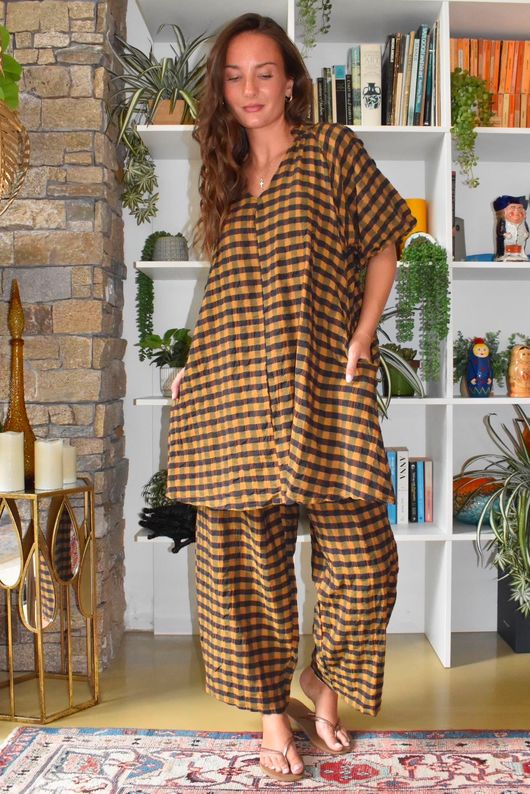 Bibi Gingham Barrel Leg Pant Ochre