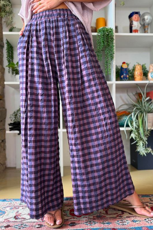 Bibi Gingham Wide Leg Pant Aubergine