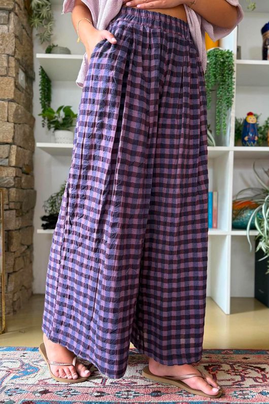 Bibi Gingham Wide Leg Pant Aubergine
