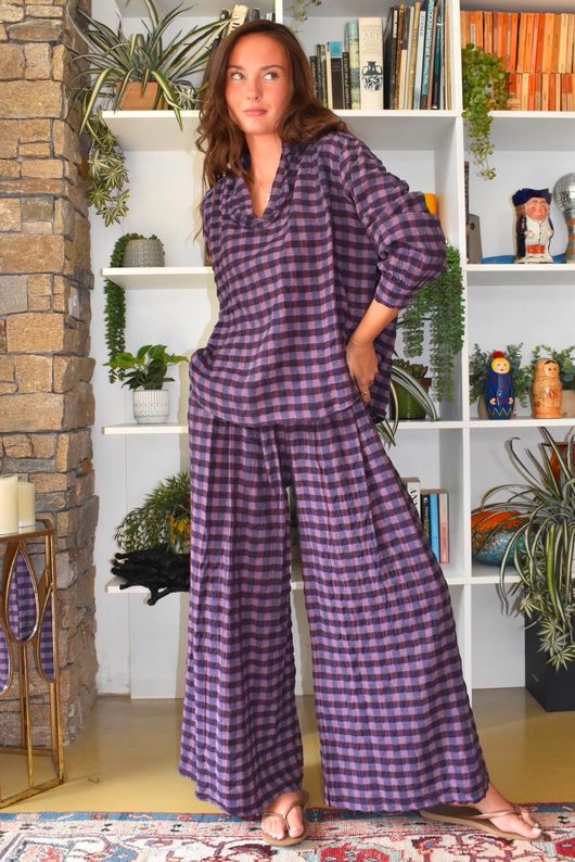 Bibi Gingham Wide Leg Pant Aubergine