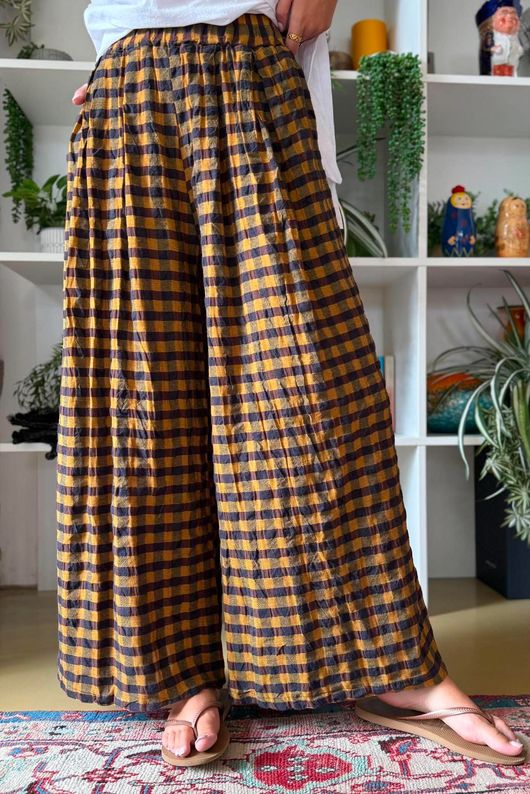 Bibi Gingham Wide Leg Pant Ochre