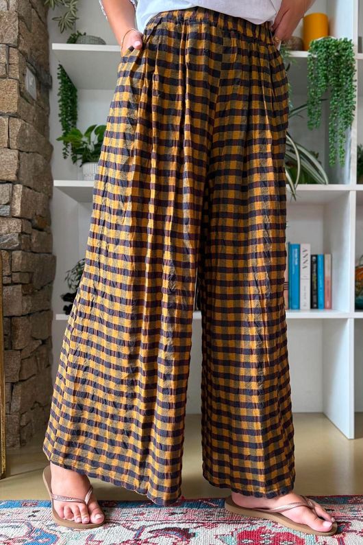 Bibi Gingham Wide Leg Pant Ochre