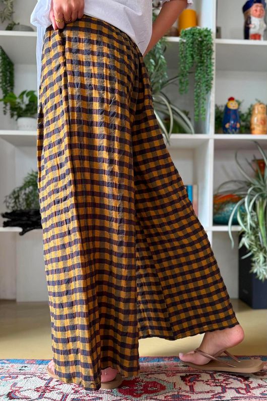 Bibi Gingham Wide Leg Pant Ochre