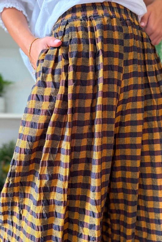 Bibi Gingham Wide Leg Pant Ochre