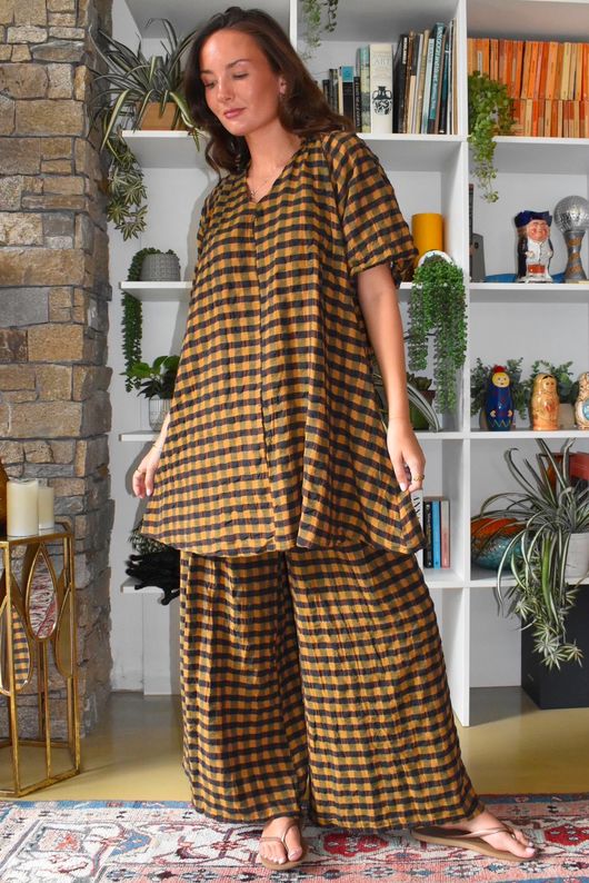 Bibi Gingham Wide Leg Pant Ochre