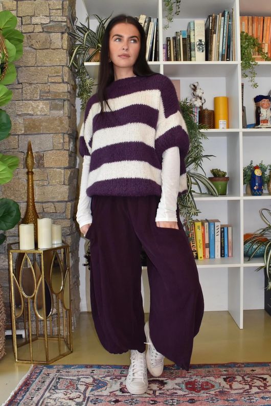 Big Softie Block Stripe Cap Sleeve Knit Fig & Ecru