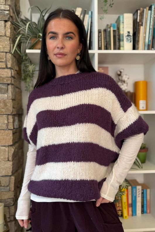 Big Softie Block Stripe Cap Sleeve Knit Fig & Ecru