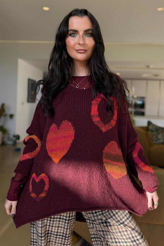  Big Softie Ombre Heart Slouch Knit Jumper Burgundy - 