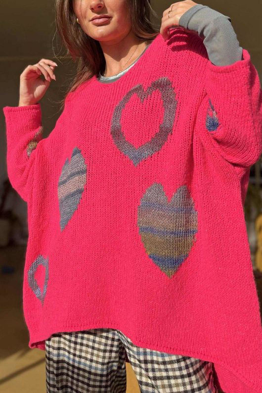 Big Softie Ombre Heart Slouch Knit Jumper Hot Pink
