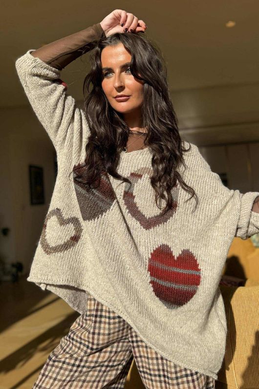 Big Softie Ombre Heart Slouch Knit Jumper Oatmeal 