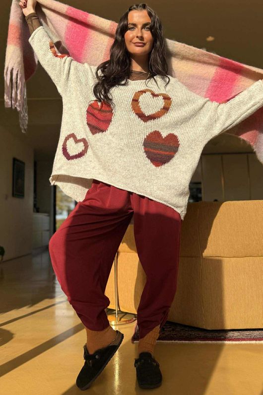 Big Softie Ombre Heart Slouch Knit Jumper Stone