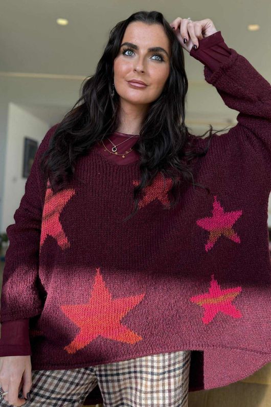 Big Softie Ombre Star Slouch Knit Jumper Burgundy