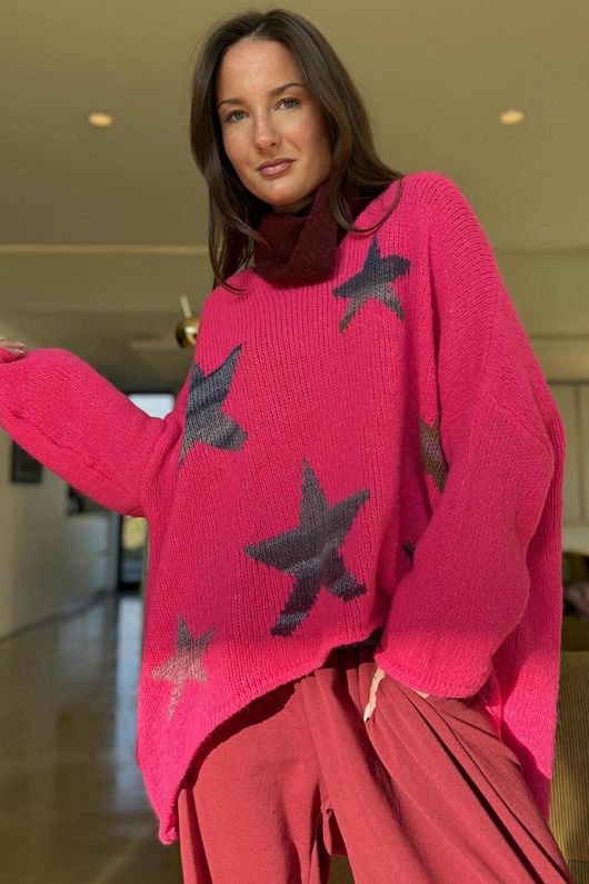 Big Softie Ombre Star Slouch Knit Jumper Hot Pink