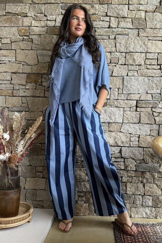 Bloc Striped Wide Leg Pant Navy & Denim