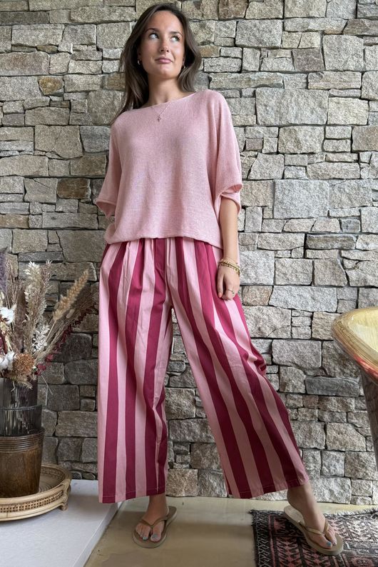 Bloc Striped Wide Leg Pant Raspberry & Rose