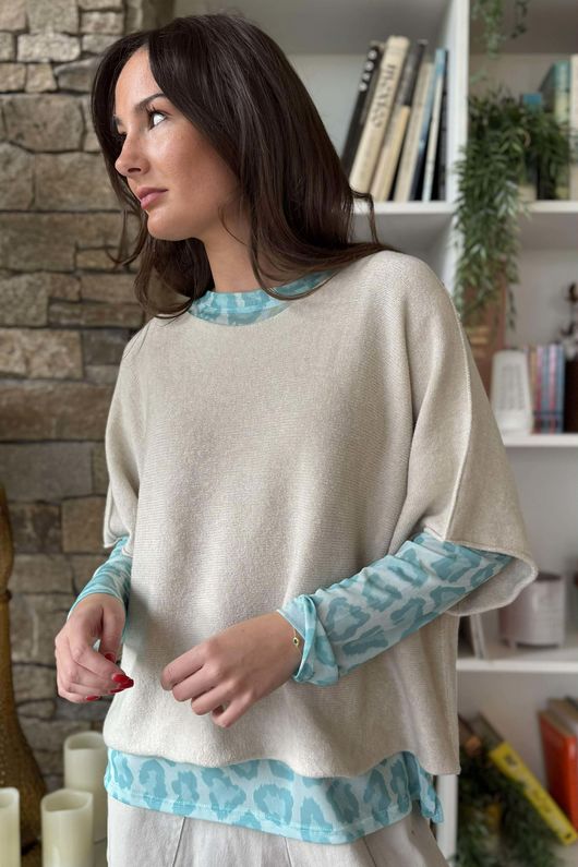 Bobby Mesh Layering Top Leopard Aqua /11=