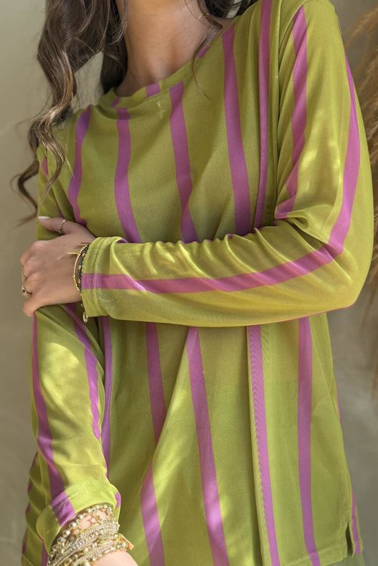 Bobby Mesh Layering Top Stripe Olive & Pink /3=