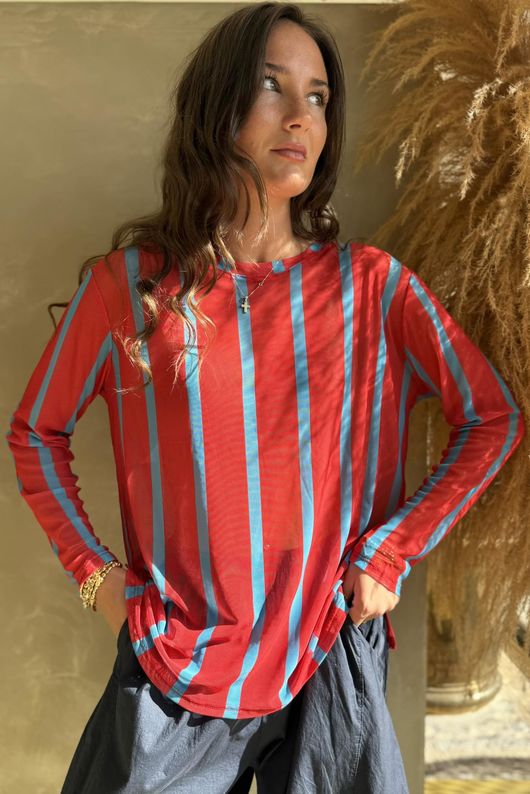 Bobby Mesh Layering Top Stripe Red & Turquoise /7=