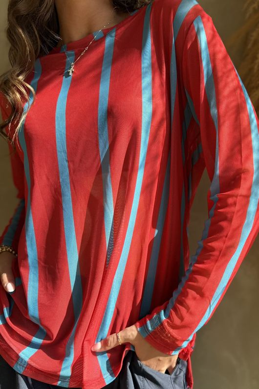 Bobby Mesh Layering Top Stripe Red & Turquoise /7=