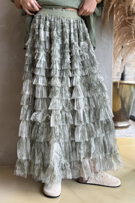 Bowie Mesh Midaxi Skirt Marble Khaki ~