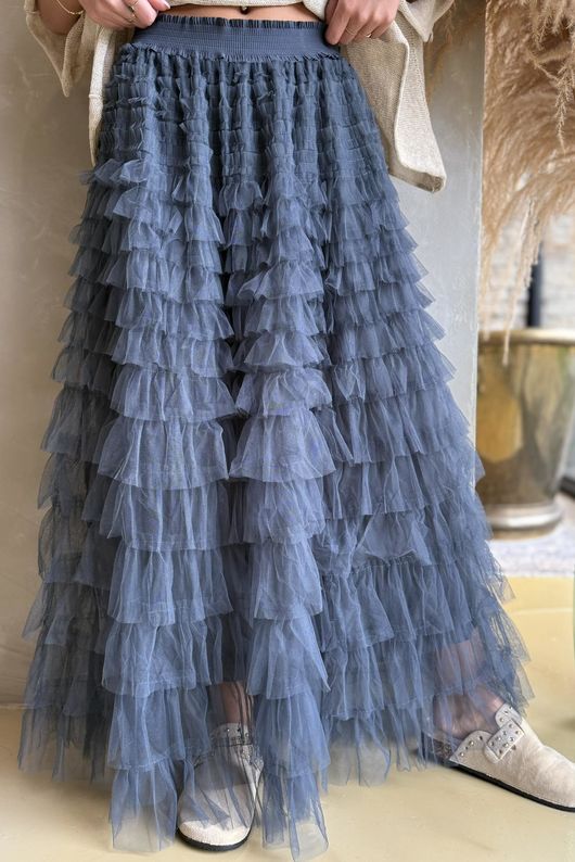 Bowie Mesh Midaxi Skirt Plain Blue Steel ~ 
