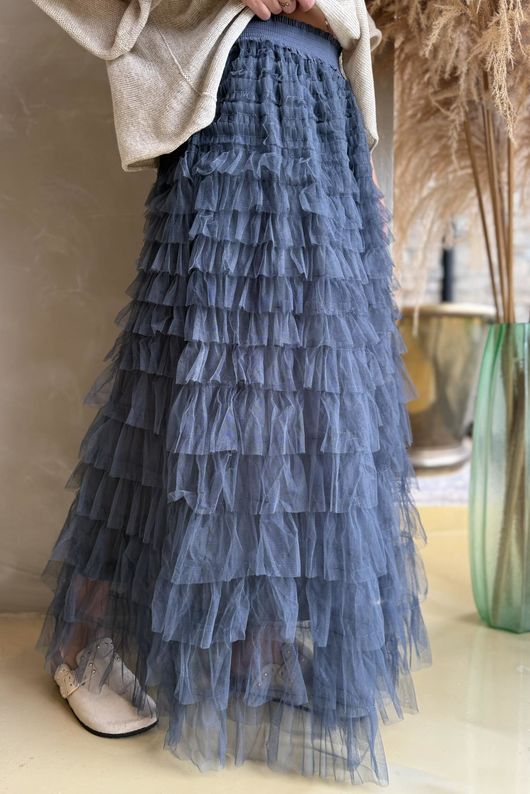 Bowie Mesh Midaxi Skirt Plain Blue Steel ~ 