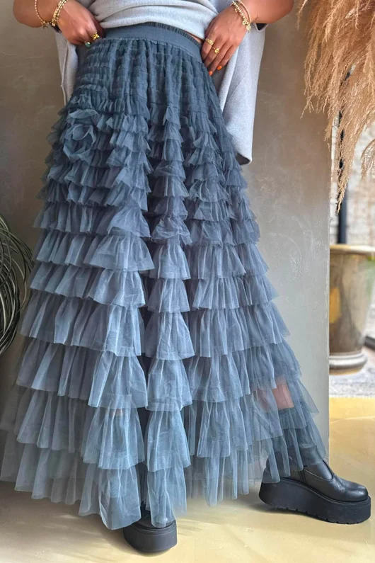 Bowie Mesh Midaxi Skirt Blue Steel 