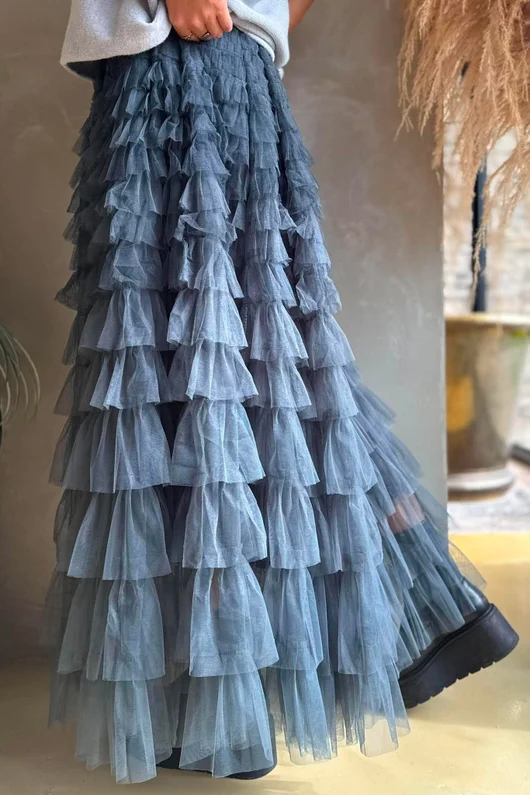 Bowie Mesh Midaxi Skirt Blue Steel 