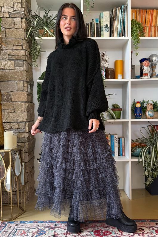 Bowie Micro Leopard Mesh Midaxi Skirt Black