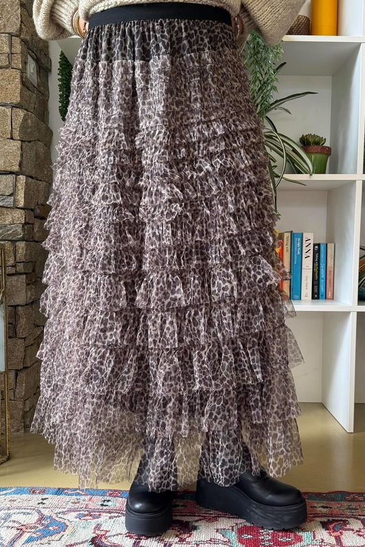 Bowie Micro Leopard Mesh Midaxi Skirt Natural