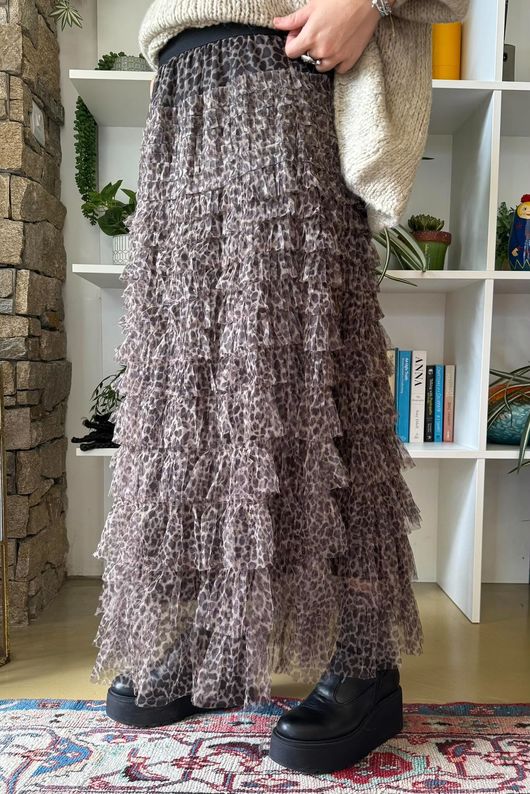 Bowie Micro Leopard Mesh Midaxi Skirt Natural