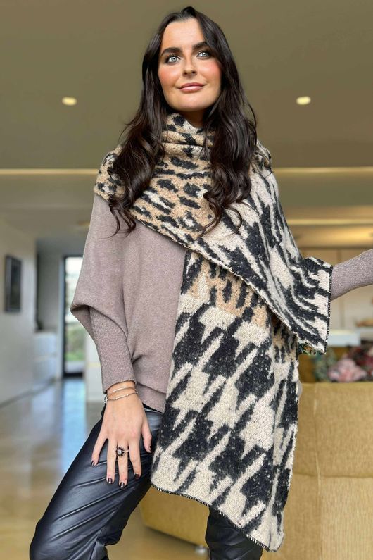 Brick Lane Leopard Houndstooth Shawl Scarf Neutral /46 