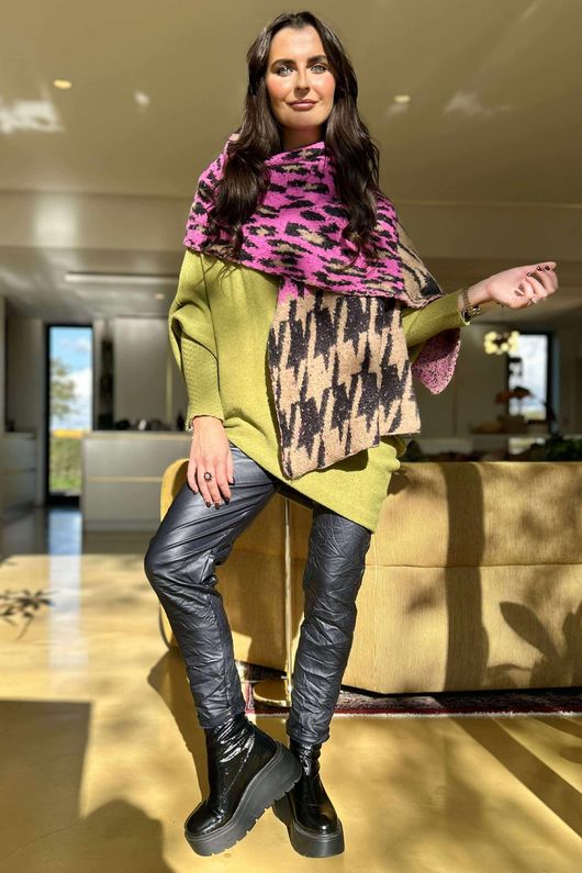 Brick Lane Leopard Houndstooth Shawl Scarf Pink /50=