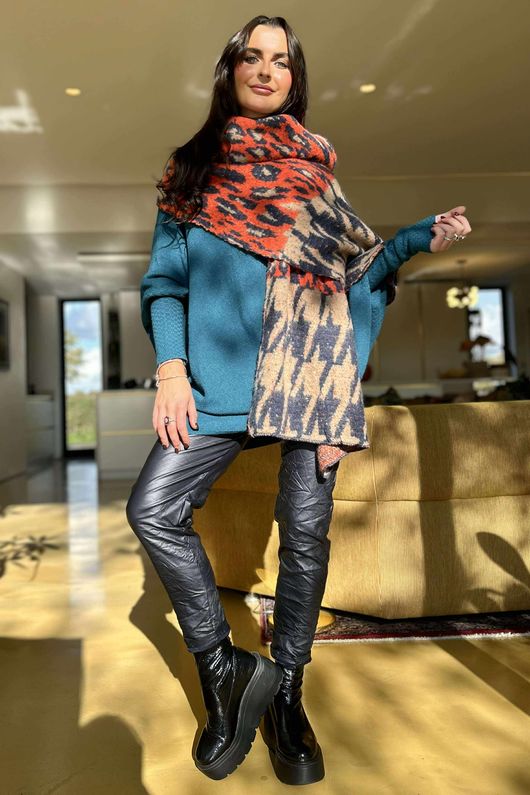 Brick Lane Leopard Houndstooth Shawl Scarf Rust /50=