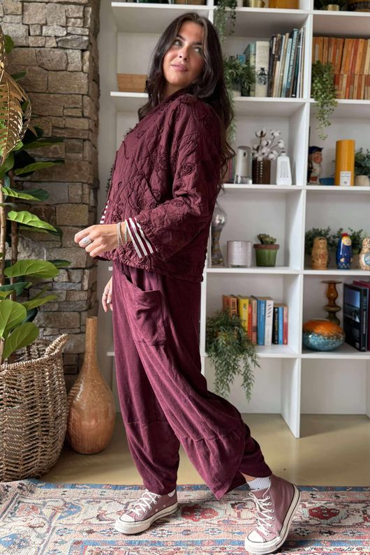Cabbage Rose Cotton Quilted Jacket Burgundy
