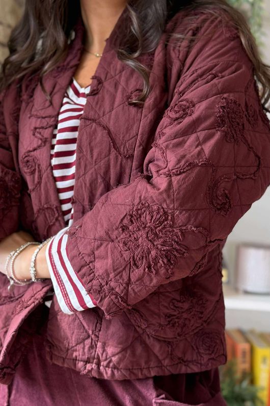 Cabbage Rose Cotton Quilted Jacket Burgundy