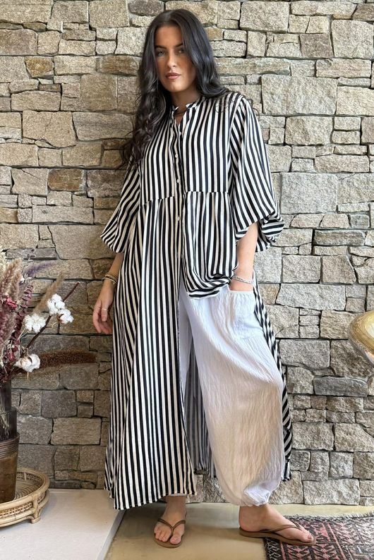 Callie Stripe Maxi Shirt Dress Black