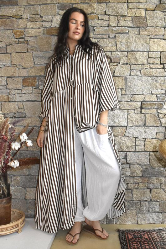 Callie Stripe Maxi Shirt Dress Chocolate