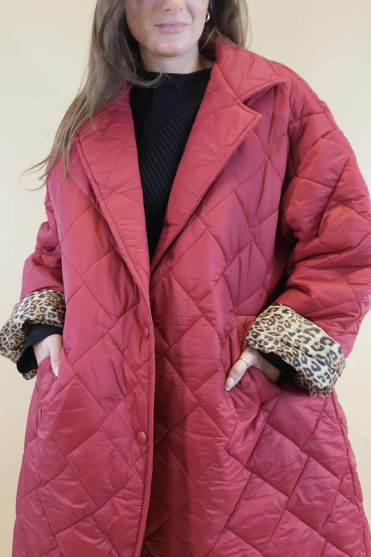 Chester Lapel Long Padded Coat Wine 