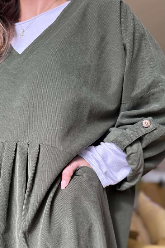 Cooper Needlecord Smock Dress Deep Moss /14 =