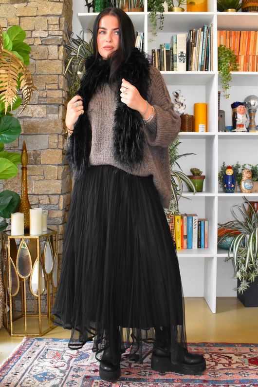 Darcey Dancing Hem Tulle Midi Skirt Black
