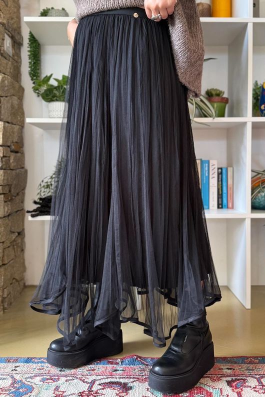 Darcey Dancing Hem Tulle Midi Skirt Black