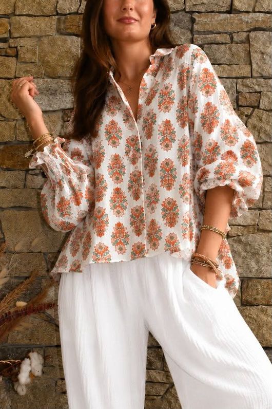 Daughter Of Ibiza Indira Balloon Sleeve Shirt Marigold & Jade Pre order 14 days