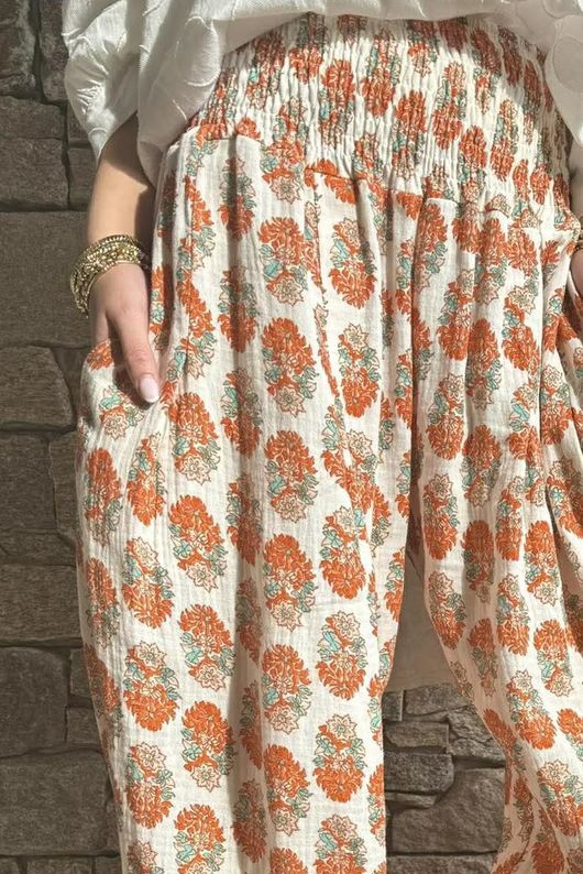 Daughter Of Ibiza Indira Shirring Cuff Pant Marigold & Jade Pre order 14 days