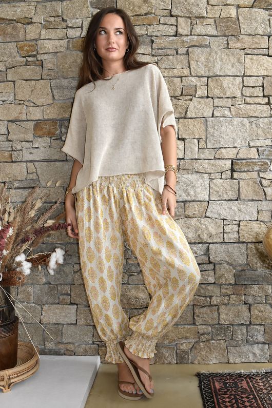 Daughter Of Ibiza Indira Shirring Cuff Pant Ochre & Rose Pre order 14 days