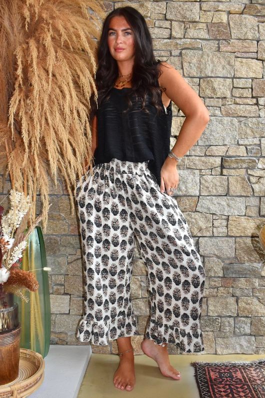 Daughter Of Ibiza Indira Frill Kick Pant Black & Earth