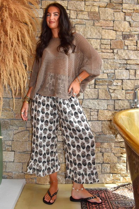 Daughter Of Ibiza Indira Frill Kick Pant Black & Earth