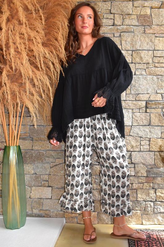 Daughter Of Ibiza Indira Frill Kick Pant Black & Earth