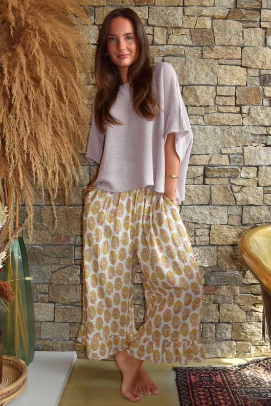 Daughter Of Ibiza Indira Frill Kick Pant Ochre & Rose