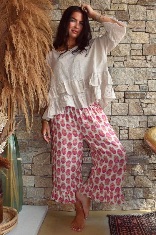 Daughter Of Ibiza Indira Frill Kick Pant Fuchsia & Marigold